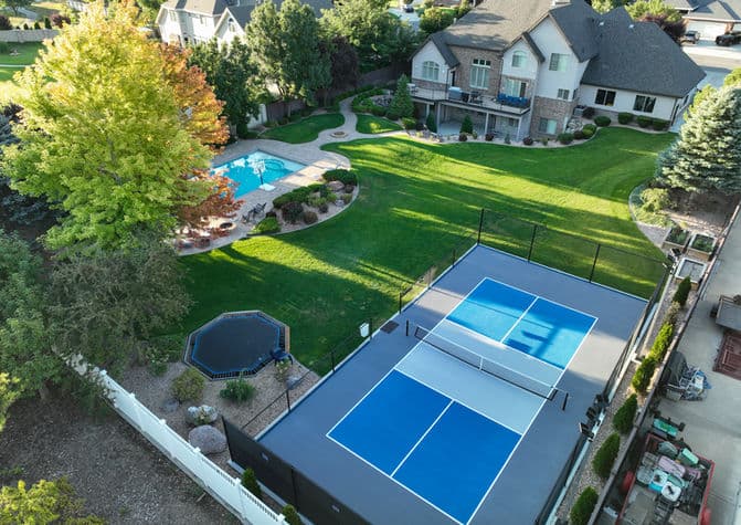 Complete pickleball court with professional nets, posts, and equipment installed